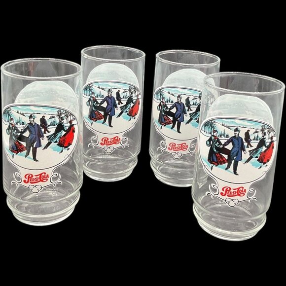 Pepsi Cola Soda Winter Scene Clear Skating Victorian 1980s Drinking Glasses - Picture 5 of 12